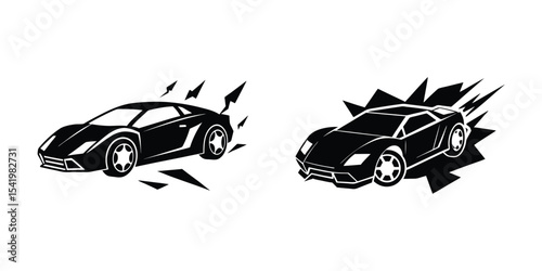 Creative Flat Silhouette of a Stunning Sports Car Tearing Down the Track in Three-Quarter Perspective on White Background