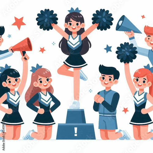 A cheerful cartoon of diverse cheerleaders with pompoms megaphones and bows cheering on a platform with stars