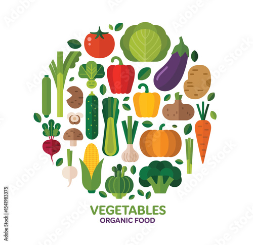 colorful circular arrangement of fresh organic vegetables promoting healthy eating, vegan lifestyle, and sustainable agriculture