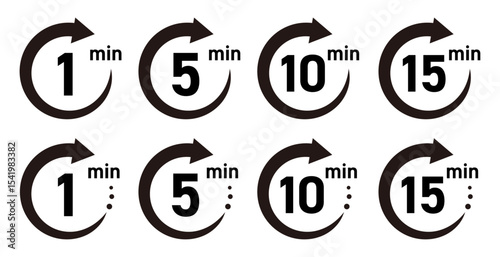 残り時間を表示するタイマー/ストップウォッチ/時計のアイコンイラストデザインセット(timer clock stopwatch 1min 2min 3min 4min 5min 6min 7min 8min 9min 10min 15min 20min 25min 30min 残り時間 シンプル アイコンイラスト ベクター 編集可能 モノクロ)