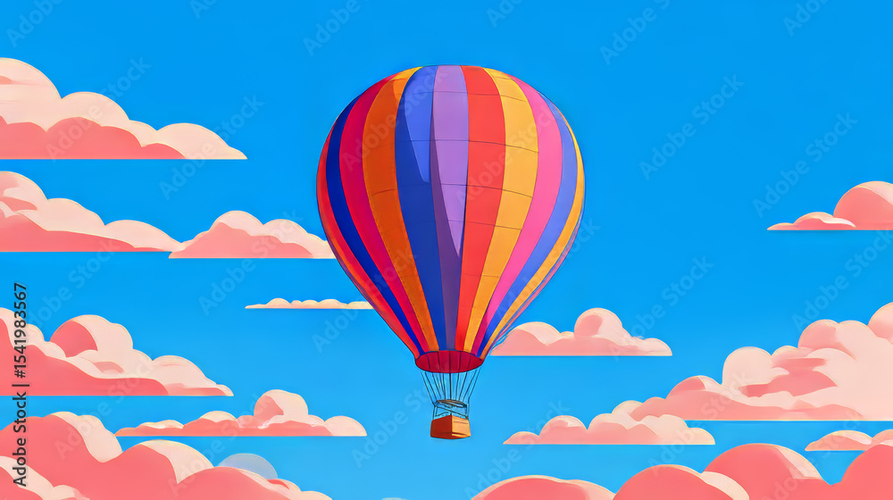 Naklejka premium Hotair baloon romantic festival 3d vector illustration. Round bright sky travel aerostat. Gas inflated striped flight air balloon rising up. Cartoon dreamy adventure concept. Red blue yellow airship