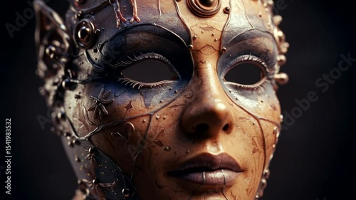 Close-up of a beautifully crafted mask with intricate details and a mysterious expression
