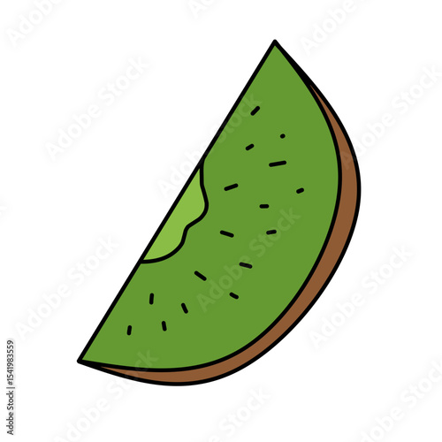 a kiwi fruit slice. showing the green flesh and black seeds. The image is drawn in a simple, cartoon style with clean lines and a white background.