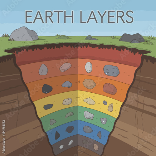 Cartoon Cross Section of Earth Layers with Soil and Rocks