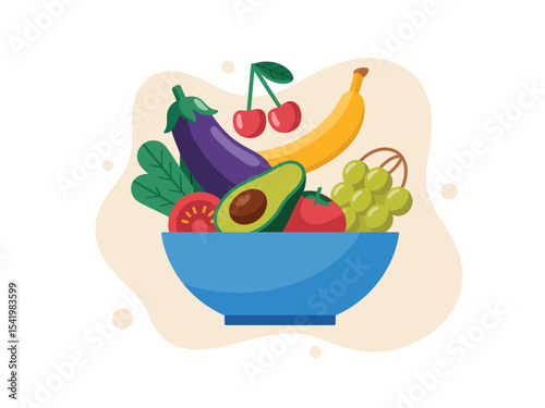 assorted fresh fruits and vegetables in a bowl including banana, avocado, eggplant, and greens on a light background, healthy food