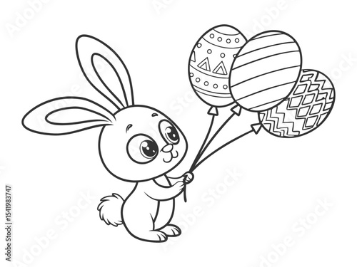 Cute little bunny holding balloons in Easter egg shape with different patterns. Black and white vector illustration for coloring book