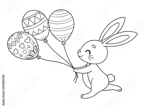 Cute little bunny holding balloons in Easter egg shape with different patterns. Black and white vector illustration for coloring book