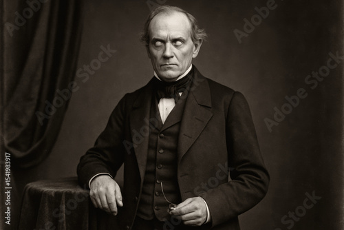 Creepy Halloween portrait of a vintage 19th-century man with blank white eyes, dressed in formal dark attire, exuding a sinister and unsettling aura. Ghostly or possessed figure.