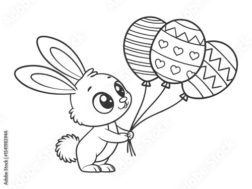 Cute little bunny holding balloons in Easter egg shape with different patterns. Black and white vector illustration for coloring book