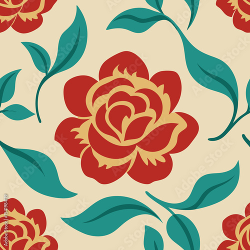 Elegant floral pattern with red roses and teal leaves on a beige background