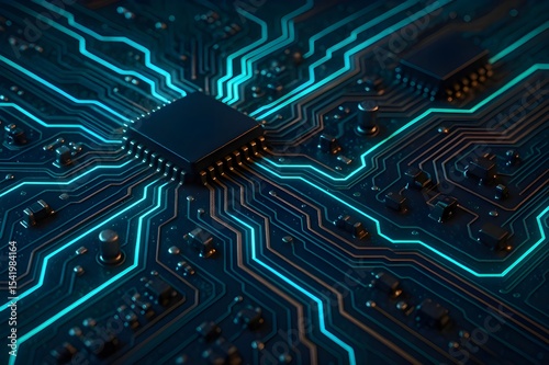 Macro shot of a printed circuit board with glowing traces and mounted components, highlighting modern electronic design and nano-scale connectivity.