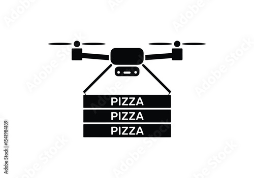 drone delivering pizza boxes icon, modern aerial food delivery technology concept, black and white isolated vector illustration