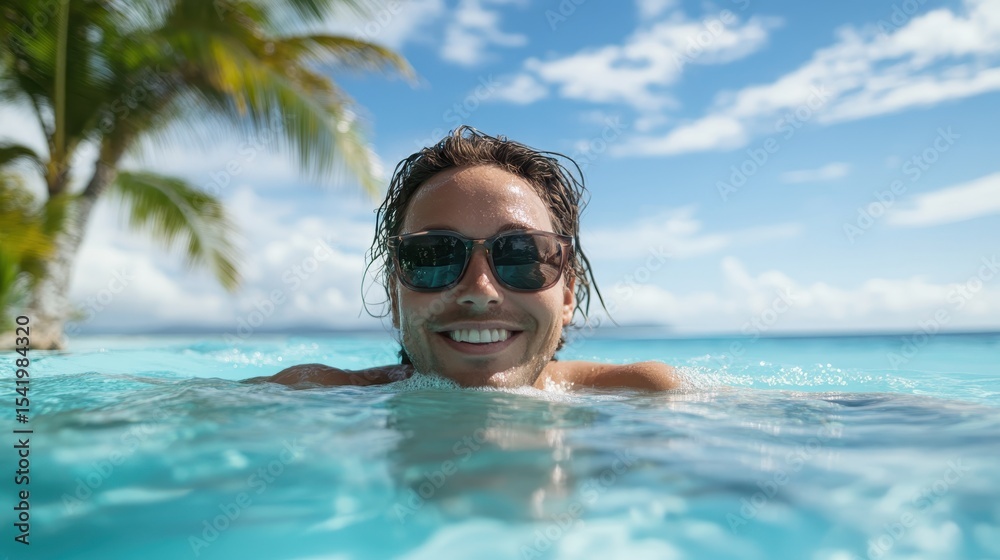 Naklejka premium A cheerful man enjoys swimming in a crystal-clear pool under a bright blue sky, symbolizing relaxation, joy, and the bliss of summer adventures and carefree moments.