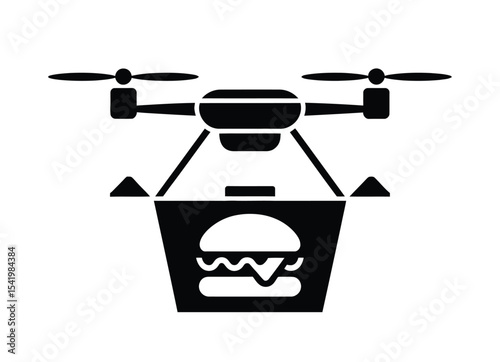 drone food delivery icon – black and white line art of a quadcopter carrying burger meal container, modern takeaway transport concept