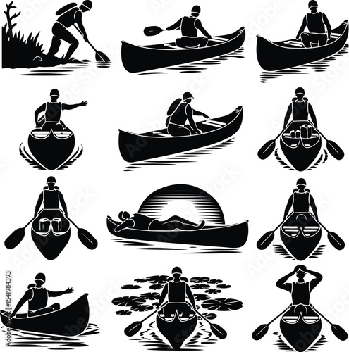 Person in Canoe Icon Silhouette Set – Adventure Paddling Scene Canoeing Silhouette Set – Outdoor Water Travel Icon Collection