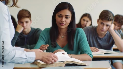 A student receives a paper from a teacher in a classroom filled with focused and bored classmates, capturing a moment of academic routine.