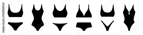 One piece and two piece swimsuit silhouette set. Stylish black monokinis and bikini for swimming and sunbathing on sea and ocean beaches with classic fashionable design