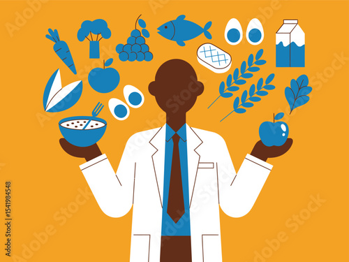 nutritionist holding apple and cereal bowl surrounded by healthy food icons including fruits, vegetables, grains, dairy, and proteins