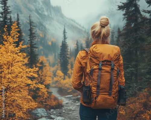 A woman with backpack stands looking at foggy mountains and forests. It evokes adventure, travel, and nature, perfect for inspirational use.