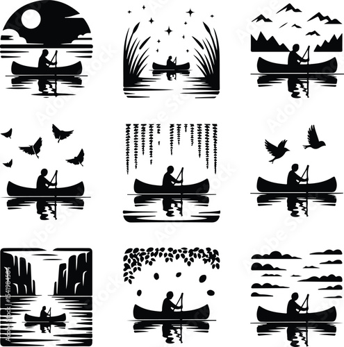 Person in Canoe Icon Silhouette Set – Adventure Paddling Scene Canoeing Silhouette Set – Outdoor Water Travel Icon Collection