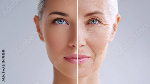 one face of human woman youth and old age .two parts of the face of life aging human comparison two halves.