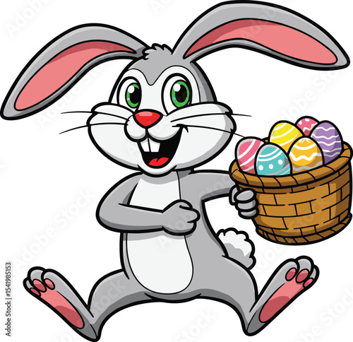 Happy Easter Bunny Cartoon Character Holding Basket of Colorful Eggs, Perfect for Spring Holidays, Children's Themes, and Festive Celebrations.
