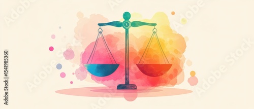 A watercolor illustration of a balanced scale with colorful splashes, symbolizing justice and equality.