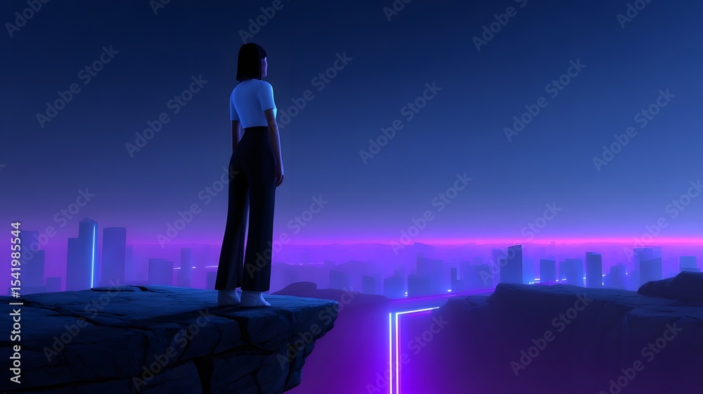 Fototapeta premium Girl overlooking a neon-lit futuristic city from a cliff