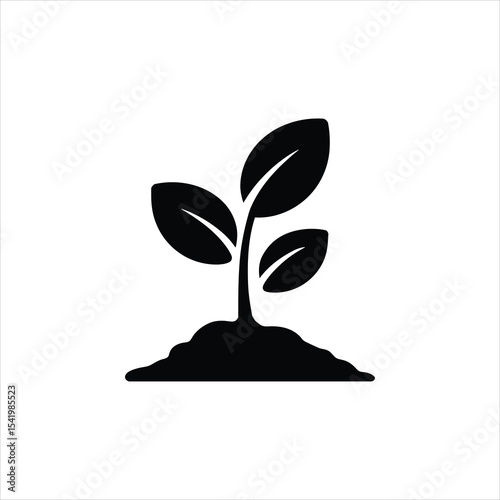 Black Silhouette of a Young Plant with Three Leaves Growing from Soil