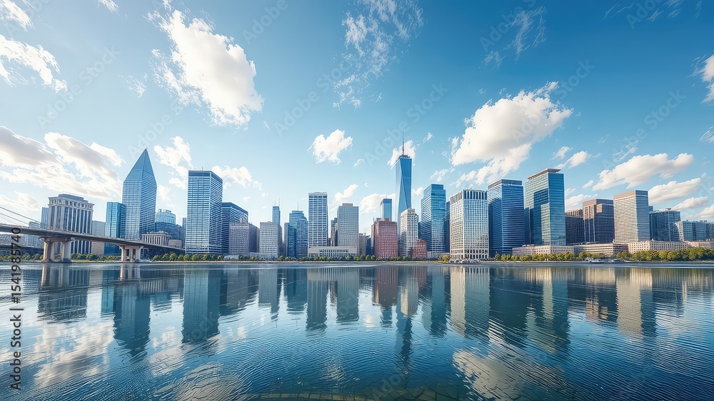Obraz premium Metropolitan skyline reflected in calm waters under a bright sky, showcasing modern architecture and the harmony of urban life