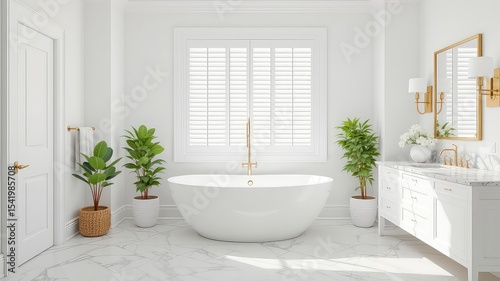Bright Luxurious Bathroom Design with a Freestanding Bathtub, Marble Countertops, Elegant Gold Accents, and Green Plant Life