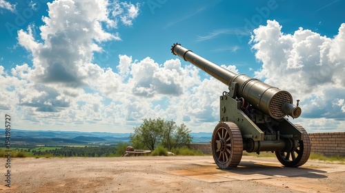 A historic looking cannon stands ready on a hilltop, overlooking a landscape under a cloudy, summer sky.