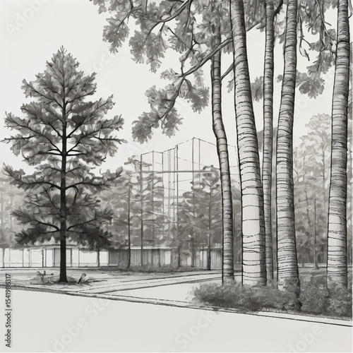 A cold winter scene with snow-covered trees lining a white, frosty road through a park