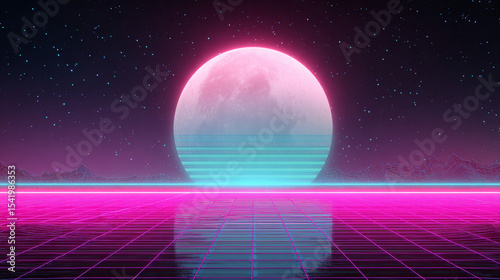 Retro fantastic background of the 80s. Vector wireframe landscape with night sky. Futuristic pink neon scenery.