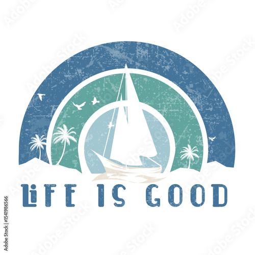 Life Is Good Moon and Palm Retro Night Beach Design. 
Moon and palm tree design with vintage touch and Life Is Good message. Great for nighttime beach vibes and tropical t-shirt art.