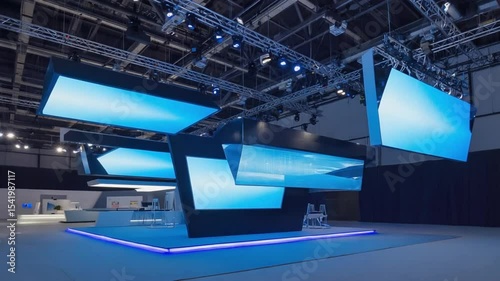 Empty Exhibition Hall Interior with Suspended Screens Displaying Abstract Designs