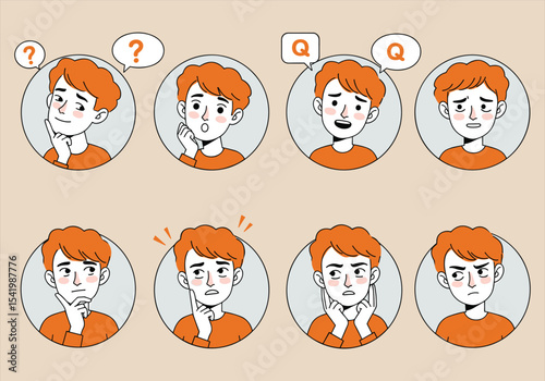 Boy Emotion Expression Set – Confusion, Thinking, Questioning face, Facial emotions, Male character vector, Mood reaction illustration – Vectors illustrations.