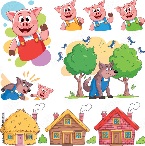 A delightful cartoon illustration collection depicting the classic "Three Little Pigs" fairy tale, featuring happy pigs, the big bad wolf, and their distinctive straw, wood, and brick houses,
