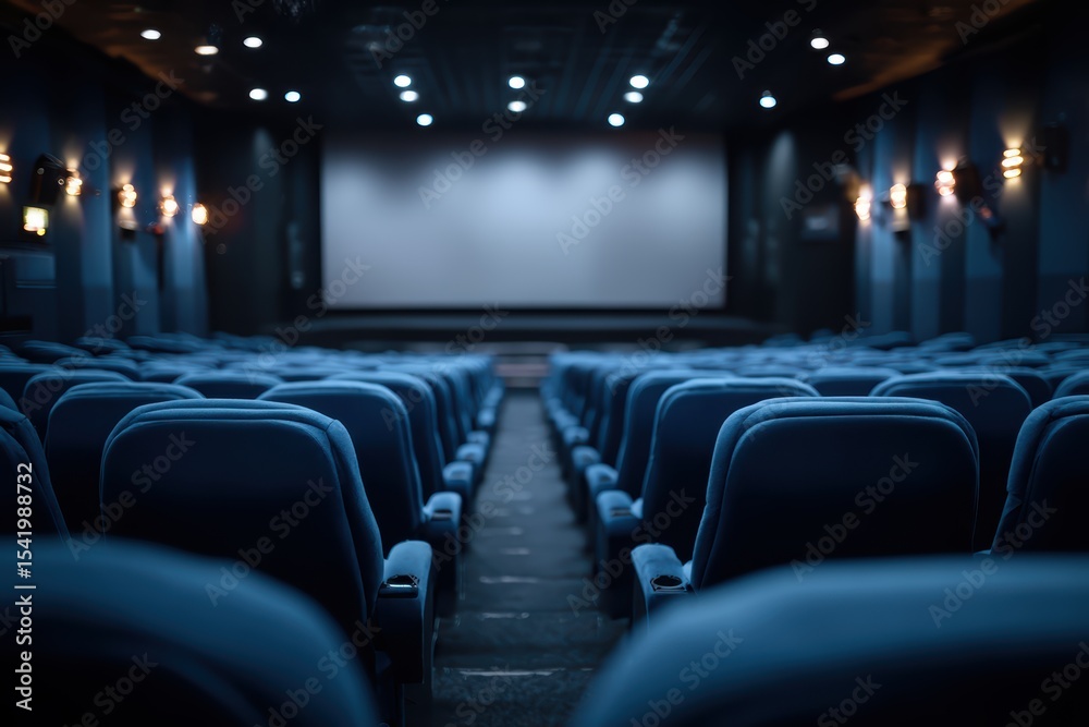 Modern movie theater with blue seats and white screen, empty cinema auditorium interior with ambient lighting. Modern movie theater with blue seats and white screen, empty cinema auditorium interior with ambient lighting.