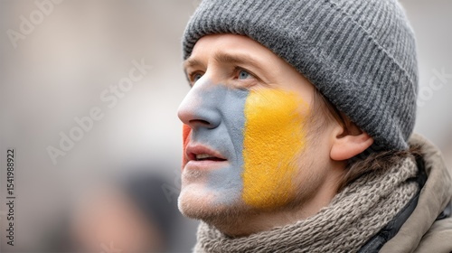 Intriguing portrait, man with yellow face paint expressing artistic creativity and individuality
