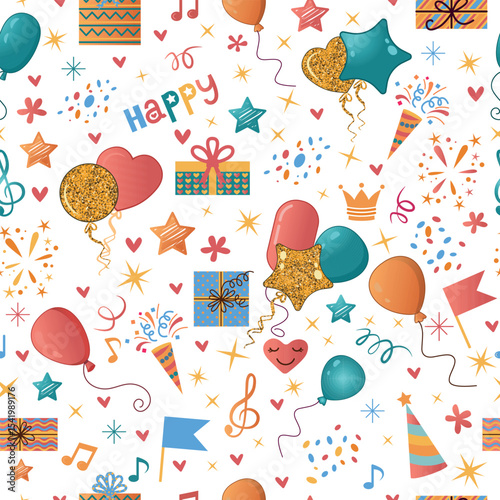 Vector seamless pattern with balloons, stars, gift boxes and hearts. Perfect for wrapping paper, holiday designs and textiles. Joyful festive background for birthday and New Year, Valentine's Day.