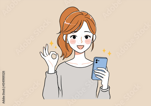 Happy Woman with Smartphone – Smiling, Approval, Mobile device, Positive feedback, Female user vector, OK gesture illustration – Vectors illustrations.







