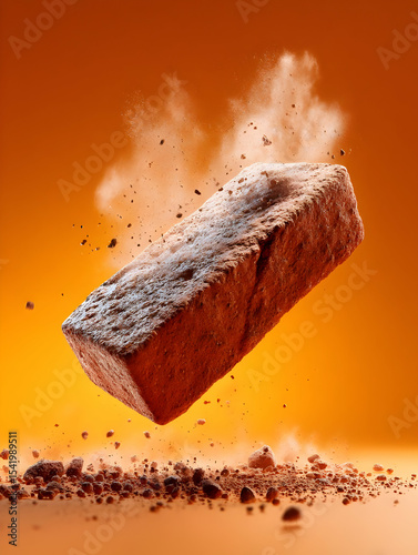 A close-up image of a floating brick against a vibrant background, showcasing dust particles in motion.