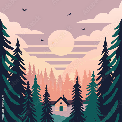A cozy mountain hut nestled amongst towering pine trees, with birds in flight overhead, showcasing a serene alpine scene.