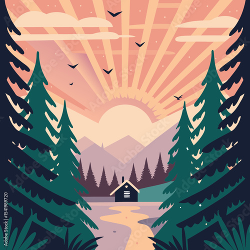 A cozy mountain hut nestled amongst towering pine trees, with birds in flight overhead, showcasing a serene alpine scene.