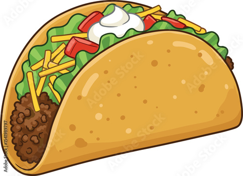 Delicious Hard Shell Beef Taco with Lettuce, Cheese, Tomato, and Sour Cream Toppings, Perfect for Mexican Food Menus and Fast Food Designs.
