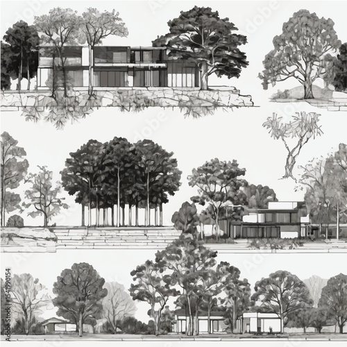 A row of trees in a winter landscape with snow, a road, and a house, like an old black and white drawing