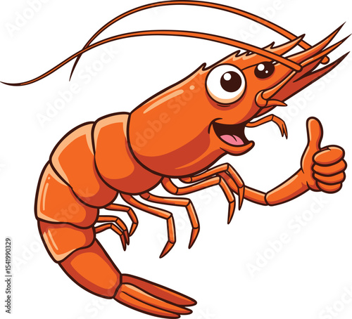  Happy Cartoon Shrimp or Prawn Giving Thumbs Up Gesture, Cheerful Seafood Mascot for Restaurants, Packaging, and Aquatic Themes.