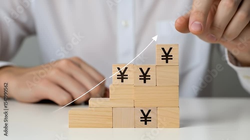 Hand Placing Wooden Block With Yen Symbol Illustrating Growth Above Stacked Blocks On White Table