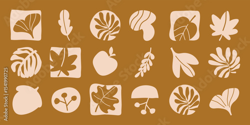 Abstract Matisse Autumn Leaves Set. Modern Autumn Leaves Background in Contemporary Minimal Style. Trendy Groovy Vector Illustration in Beige and Black Colors for T-Shirts, Wallpaper, Case Phone